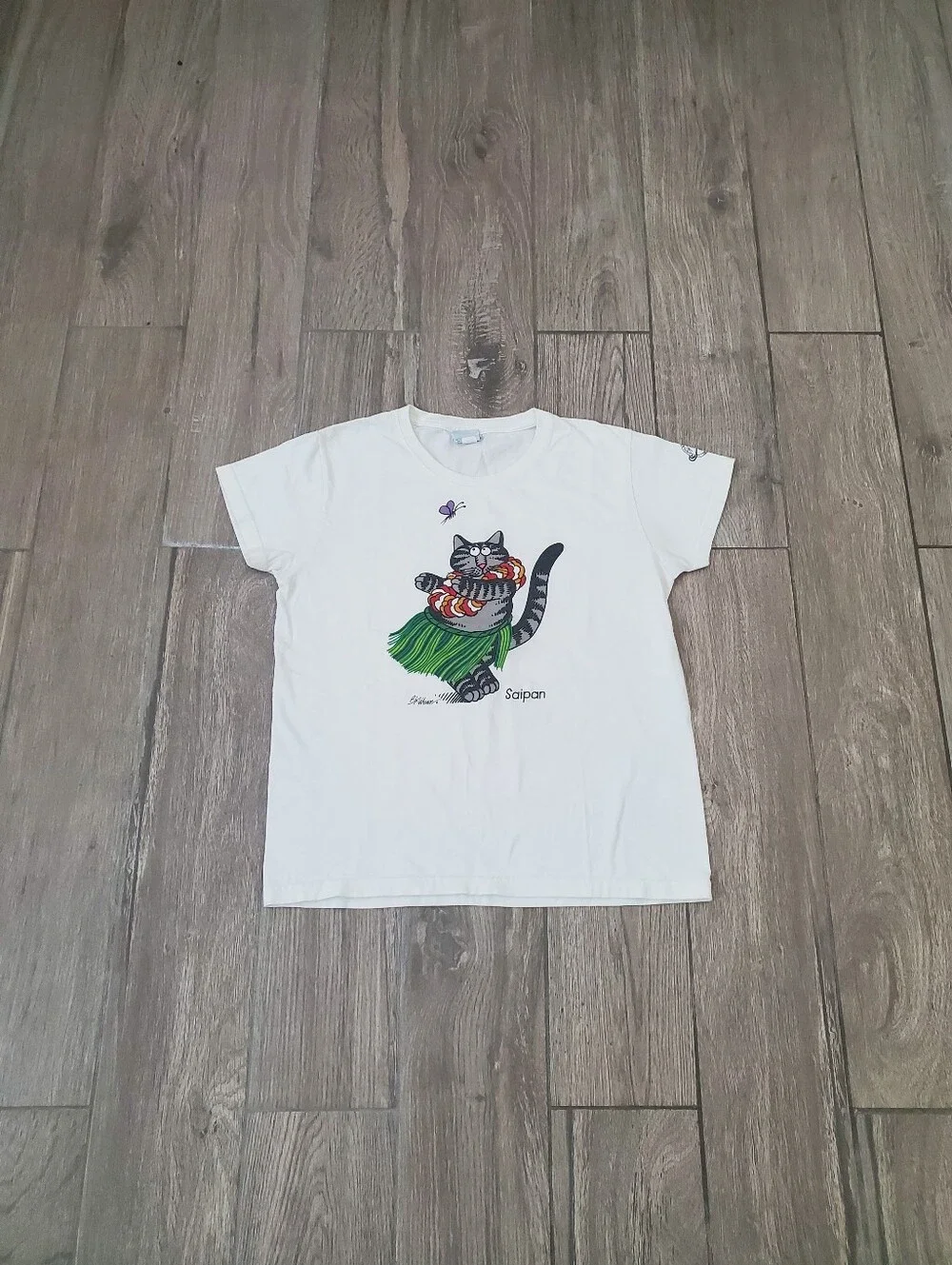 Crazy Shirts 100% cotton white Saipan Hawaiian hula dance cat graphic tee S